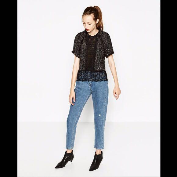 Zara speckled tweed raw edge lace detail top size Large - Picture 2 of 14